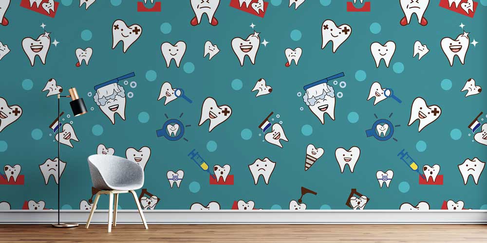dental-wall-wallpaper-2512-00 Diş Klinikleri İçin Renkli Diş Karakterleri Desenli Duvar Kağıdı 2512