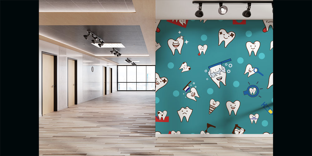 dental-wall-wallpaper-2512-02 Diş Klinikleri İçin Renkli Diş Karakterleri Desenli Duvar Kağıdı 2512