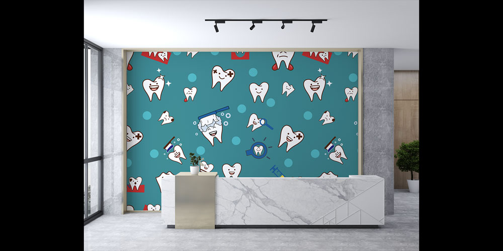 dental-wall-wallpaper-2512-03 Diş Klinikleri İçin Renkli Diş Karakterleri Desenli Duvar Kağıdı 2512