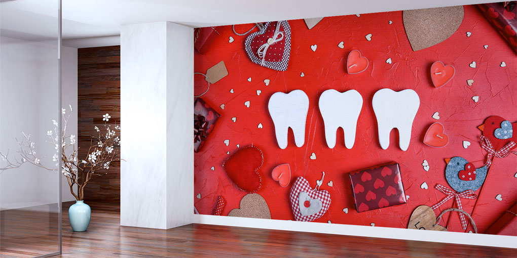 Diş Klinikleri İçin Kırmızı Kalpli Dekoratif Duvar Kağıdı 5996