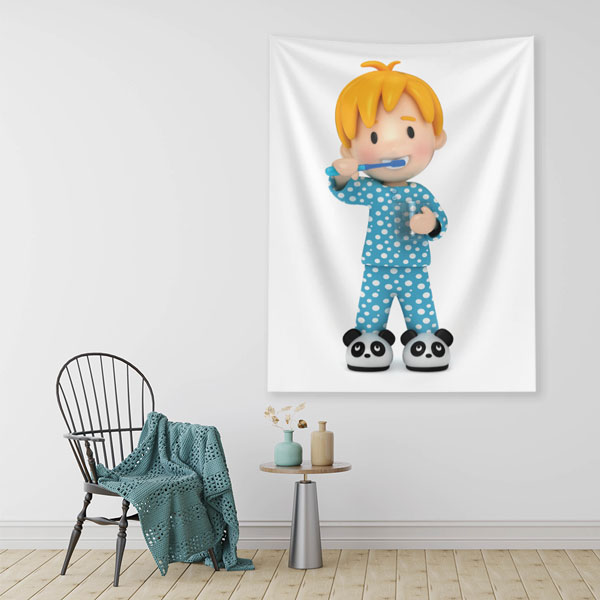 Çocuk Diş Fırçalama Temalı Duvar Örtüsü Dekoratif Kumaş Baskı 6029