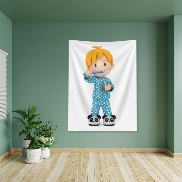 Çocuk Diş Fırçalama Temalı Duvar Örtüsü Dekoratif Kumaş Baskı 6029