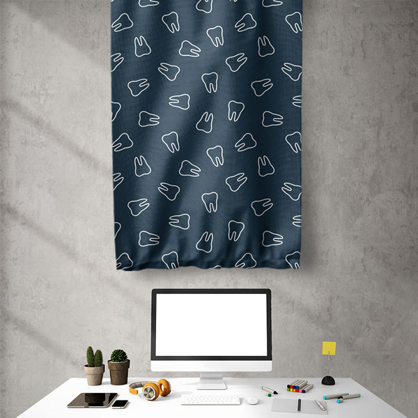 Diş Klinikleri İçin Lacivert Arka Planlı Diş Desenli Duvar Flaması 6039