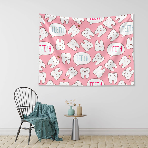 dentist-clinic-wall-tapestry-6016-01 Pembe Zemin Üzerinde Diş Desenli Duvar Örtüsü Dekoratif Kumaş Baskı 6016