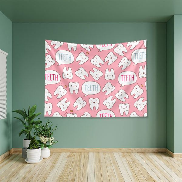 dentist-clinic-wall-tapestry-6016-02 Pembe Zemin Üzerinde Diş Desenli Duvar Örtüsü Dekoratif Kumaş Baskı 6016