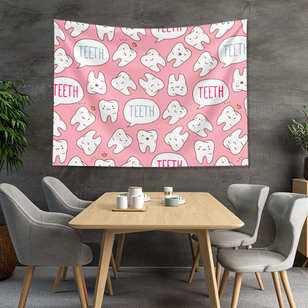 dentist-clinic-wall-tapestry-6016-03 Pembe Zemin Üzerinde Diş Desenli Duvar Örtüsü Dekoratif Kumaş Baskı 6016