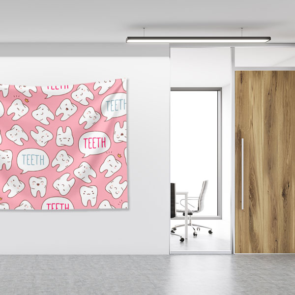 dentist-clinic-wall-tapestry-6016-04 Pembe Zemin Üzerinde Diş Desenli Duvar Örtüsü Dekoratif Kumaş Baskı 6016