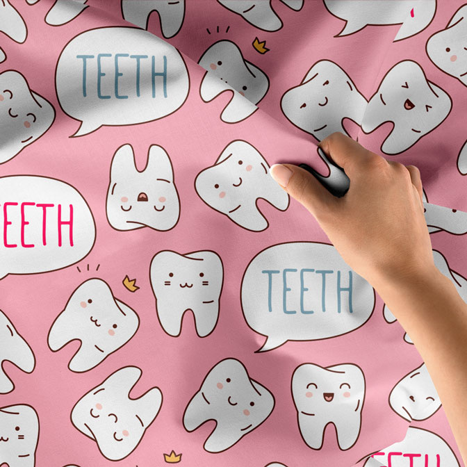 dentist-clinic-wall-tapestry-6016-05 Pembe Zemin Üzerinde Diş Desenli Duvar Örtüsü Dekoratif Kumaş Baskı 6016