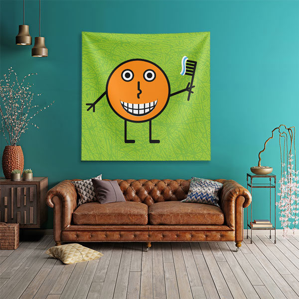 Çizgi Karakter ve Diş Fırçası Temalı Duvar Örtüsü Dekoratif Kumaş Baskı 6025