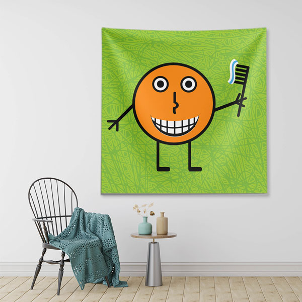 Çizgi Karakter ve Diş Fırçası Temalı Duvar Örtüsü Dekoratif Kumaş Baskı 6025