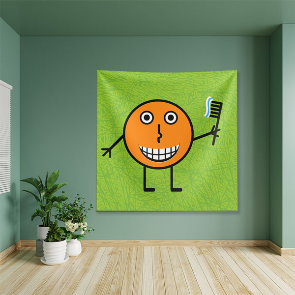 Çizgi Karakter ve Diş Fırçası Temalı Duvar Örtüsü Dekoratif Kumaş Baskı 6025
