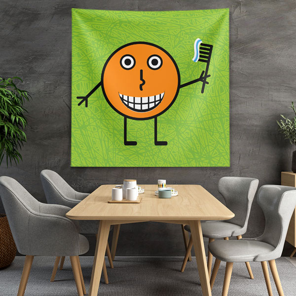 Çizgi Karakter ve Diş Fırçası Temalı Duvar Örtüsü Dekoratif Kumaş Baskı 6025