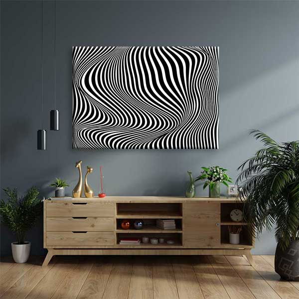 Siyah Beyaz Op Art Dalgalı Çizgiler Dijital Sanat Kanvas Duvar Tablosu 4811