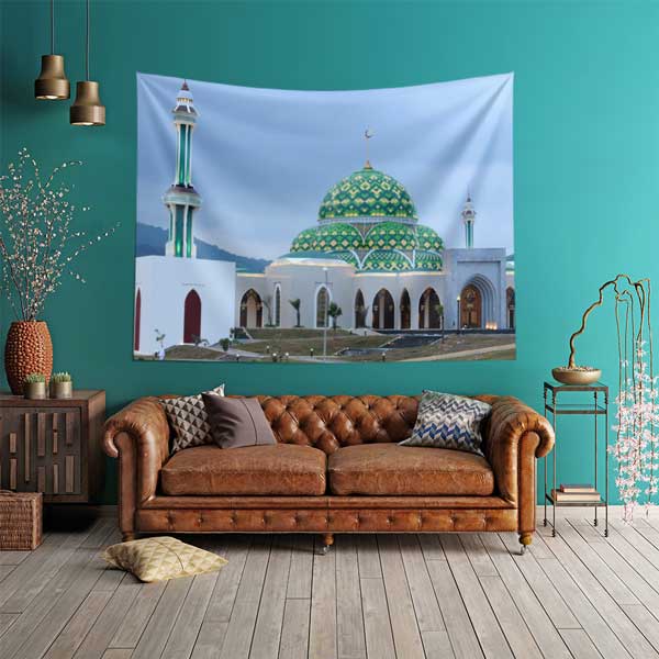 Minareli Yeşil Kubbeli Modern Cami Duvar Örtüsü 10563