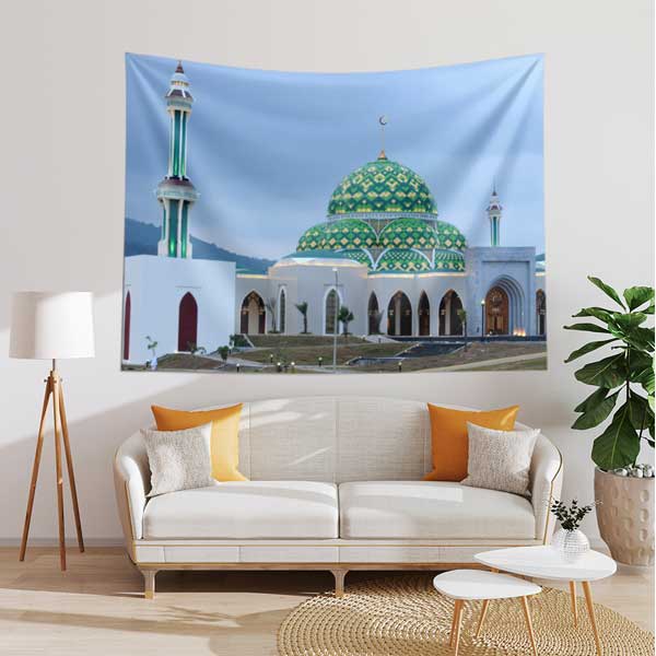 Minareli Yeşil Kubbeli Modern Cami Duvar Örtüsü 10563