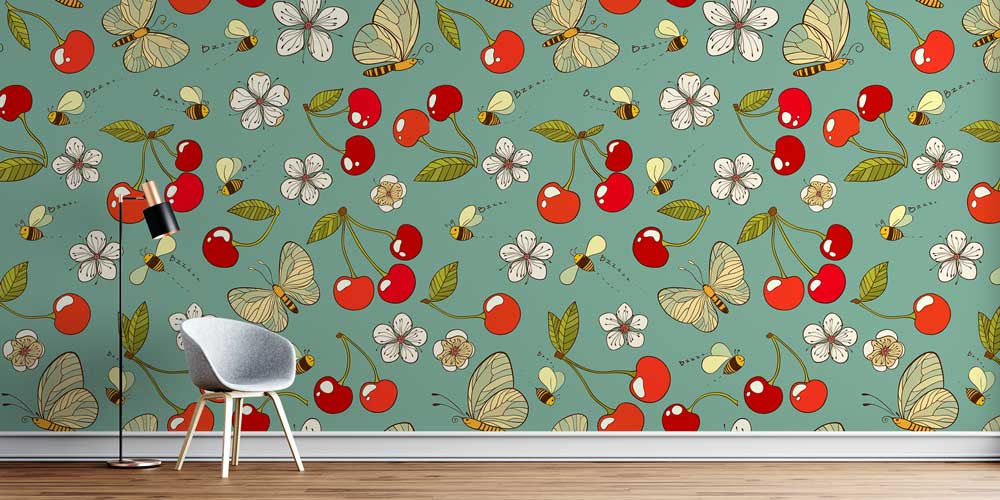 Kiraz ve Çiçek Desenli Duvar Kağıdı 1131