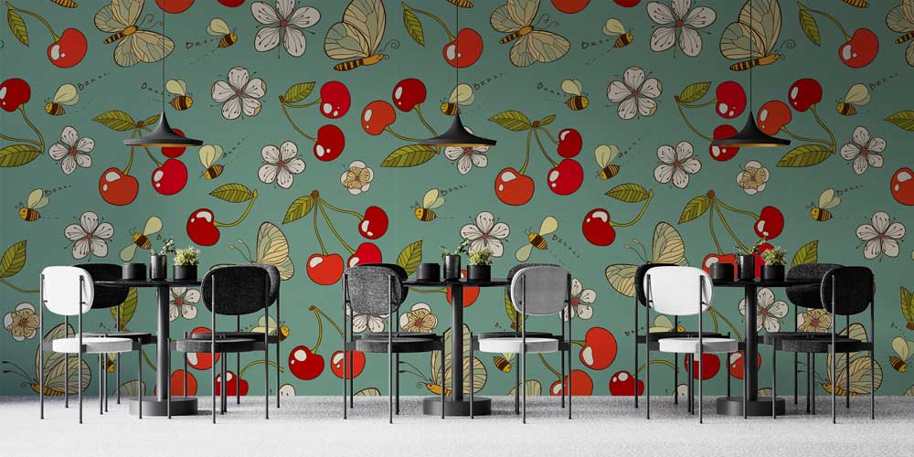 Kiraz ve Çiçek Desenli Duvar Kağıdı 1131