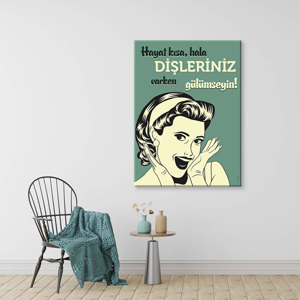 dis-duvar-dekor-1346-01 Diş Klinikleri İçin Retro Tarz Motivasyonel Kanvas Duvar Tablosu – 1346