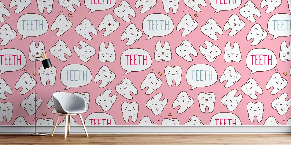 dis-klinik-duvar-dekor-2510-00 Pembe Zeminli Sevimli Diş Figürlü Duvar Kağıdı 2510