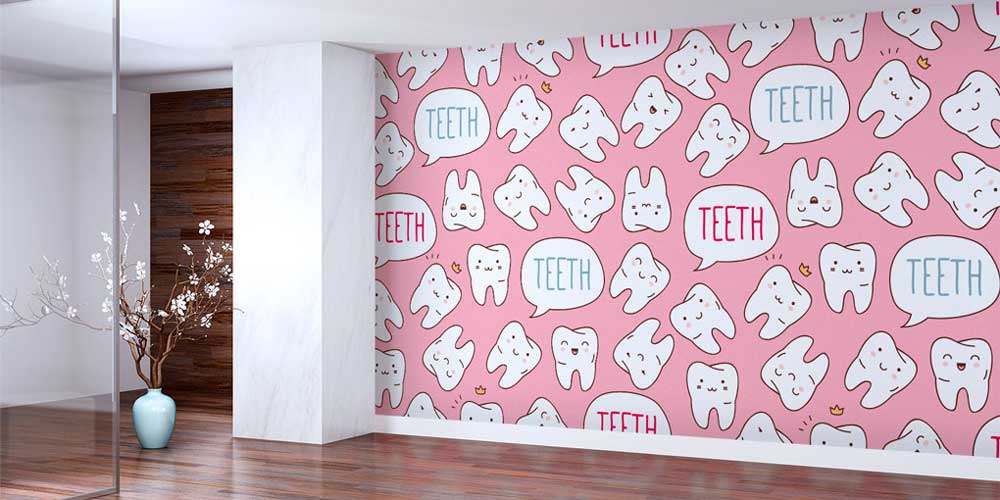 dis-klinik-duvar-dekor-2510-01 Pembe Zeminli Sevimli Diş Figürlü Duvar Kağıdı 2510