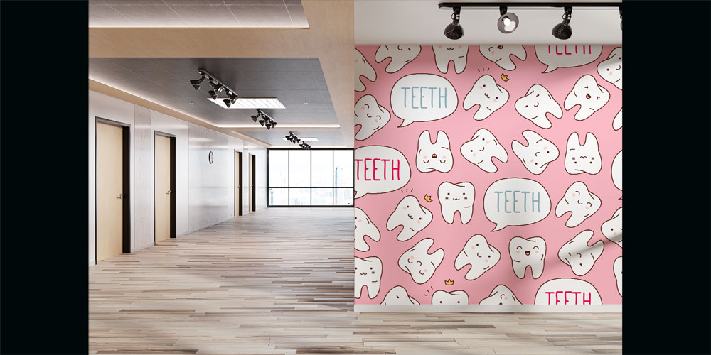 dis-klinik-duvar-dekor-2510-02 Pembe Zeminli Sevimli Diş Figürlü Duvar Kağıdı 2510