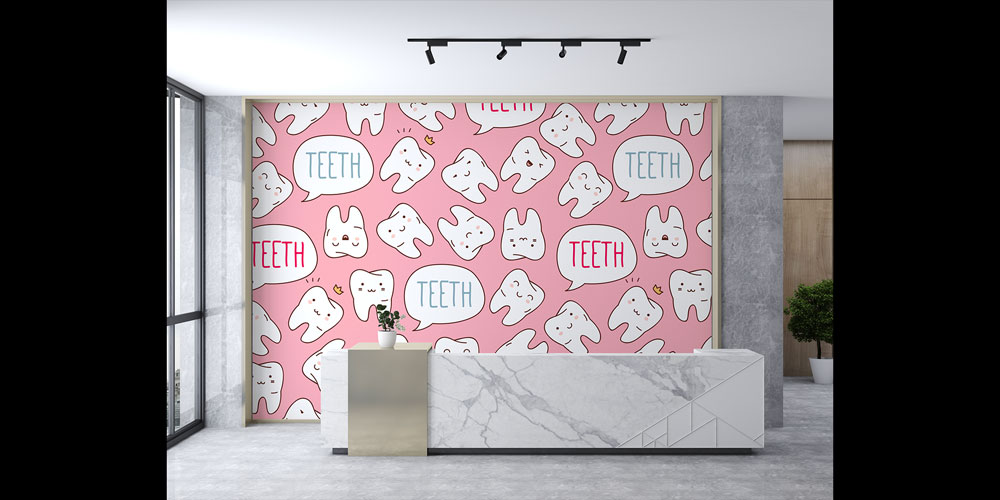 dis-klinik-duvar-dekor-2510-03 Pembe Zeminli Sevimli Diş Figürlü Duvar Kağıdı 2510