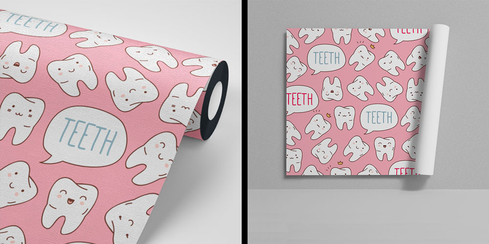 dis-klinik-duvar-dekor-2510-04 Pembe Zeminli Sevimli Diş Figürlü Duvar Kağıdı 2510