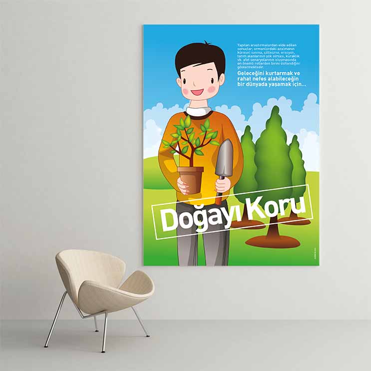 "Doğayı Koru" Erkek Çocuğu ve Fidan Temalı Çevre Bilinci Posteri – B-703
