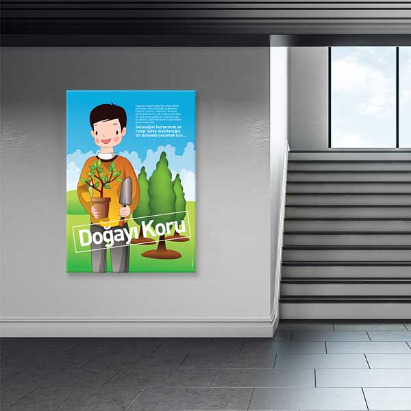 "Doğayı Koru" Erkek Çocuğu ve Fidan Temalı Çevre Bilinci Posteri – B-703