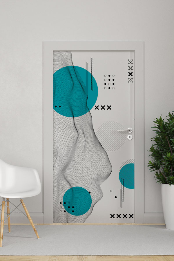 Turkuaz Vurgulu Soyut Modern Desen Kapı Giydirme 9423