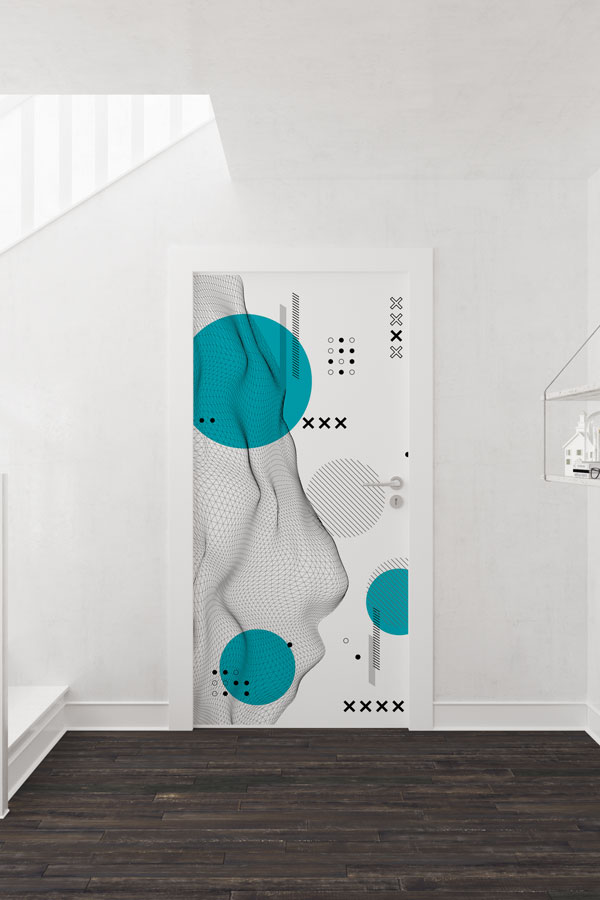 Turkuaz Vurgulu Soyut Modern Desen Kapı Giydirme 9423