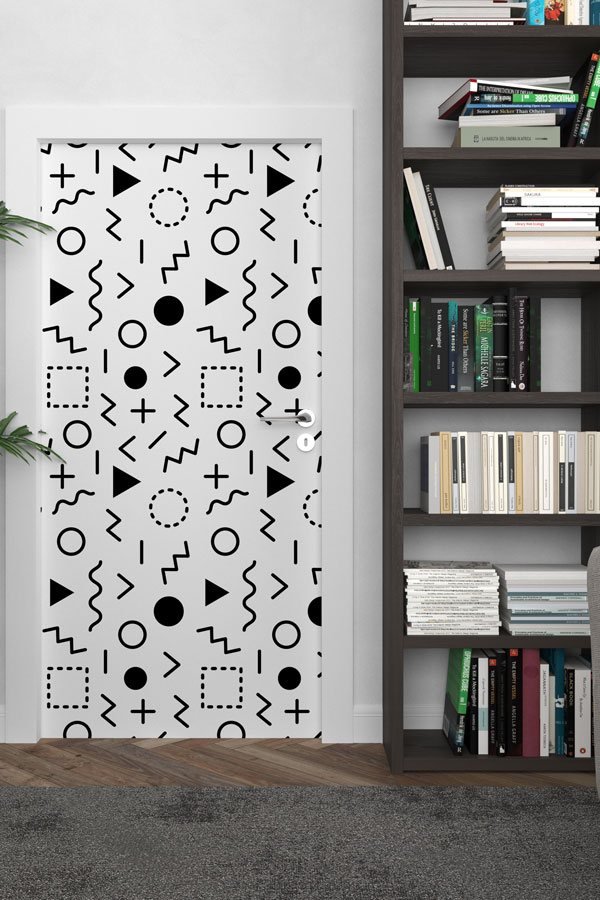 Geometrik Sembollü Siyah Beyaz Desen Sanatı Kapı Giydirme 9406