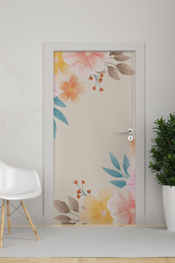Pastel Çiçek Çerçeveli Zarif Botanik Kapı Giydirme Tasarımı 9382