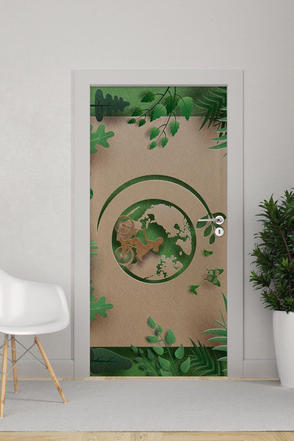 Dünya ve Ekolojik Yaşam Temalı Yeşil Yapraklı Sanatsal Kapı Giydirme 9283