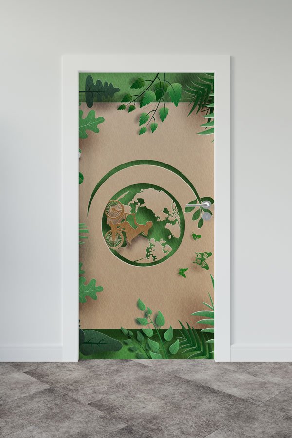 Dünya ve Ekolojik Yaşam Temalı Yeşil Yapraklı Sanatsal Kapı Giydirme 9283