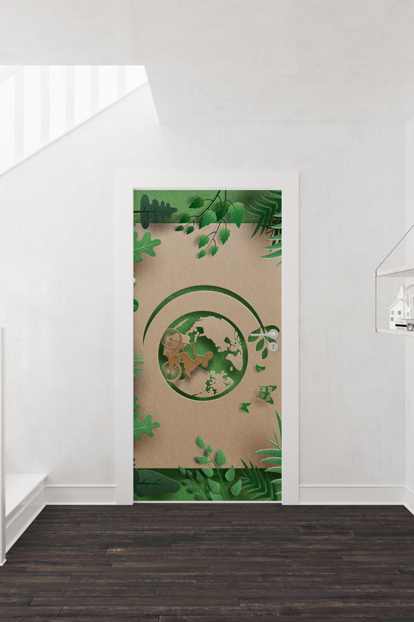 Dünya ve Ekolojik Yaşam Temalı Yeşil Yapraklı Sanatsal Kapı Giydirme 9283
