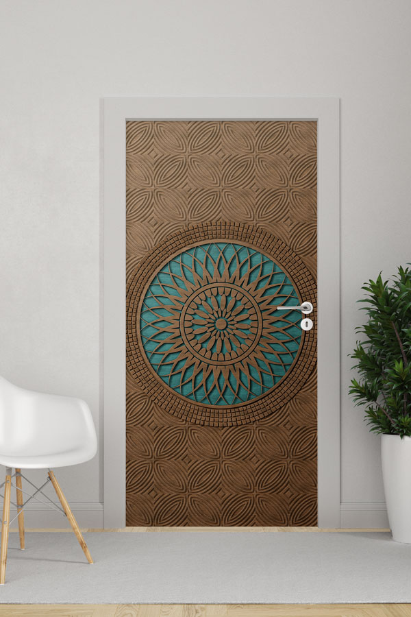 Ahşap Dokulu Mandala Desenli Kapı Giydirme 6134