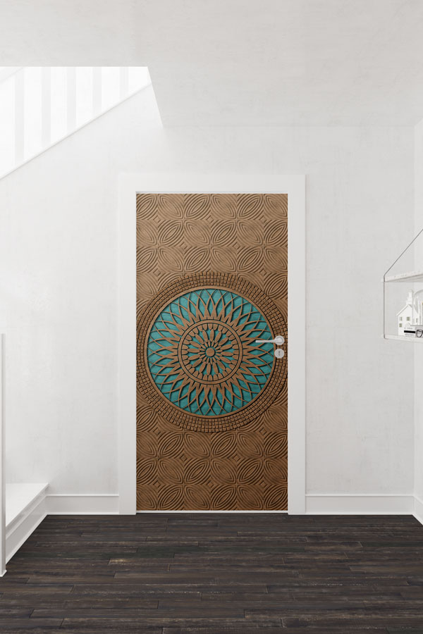 Ahşap Dokulu Mandala Desenli Kapı Giydirme 6134