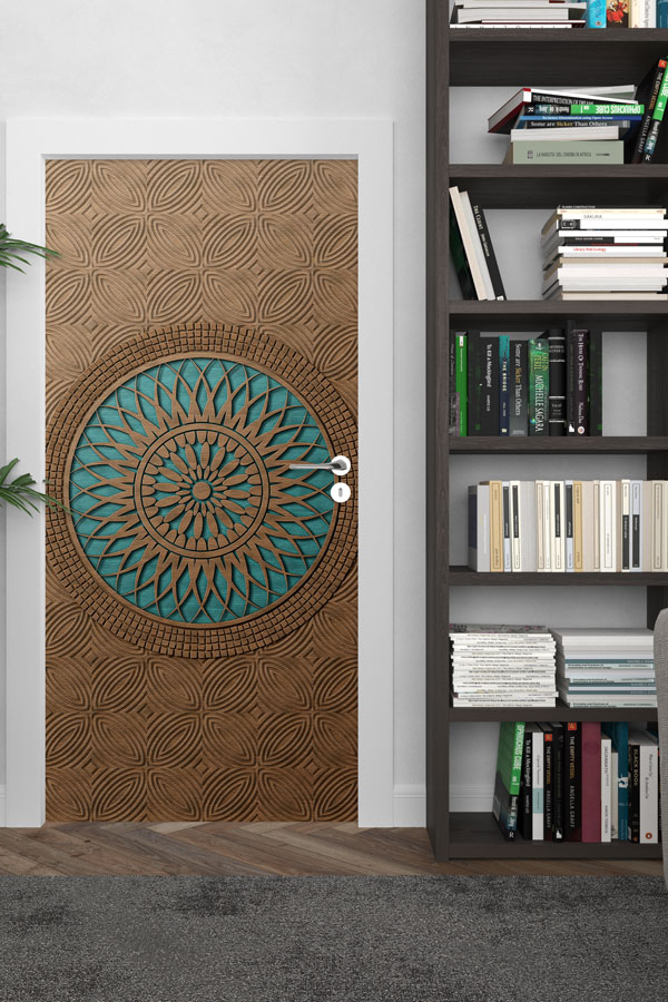 Ahşap Dokulu Mandala Desenli Kapı Giydirme 6134