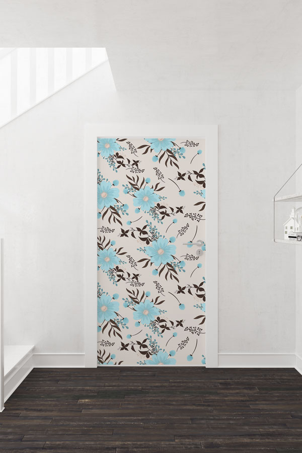 Turkuaz Çiçek Desenli Botanik Kapı Giydirme Tasarımı 9368