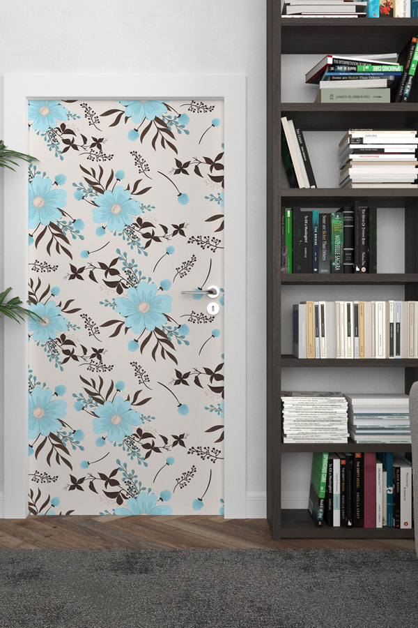 Turkuaz Çiçek Desenli Botanik Kapı Giydirme Tasarımı 9368