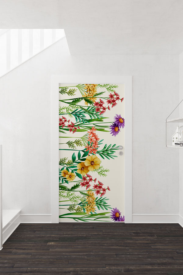 Canlı Çiçek ve Yaprak Desenli Botanik Kapı Giydirme Tasarımı 9372