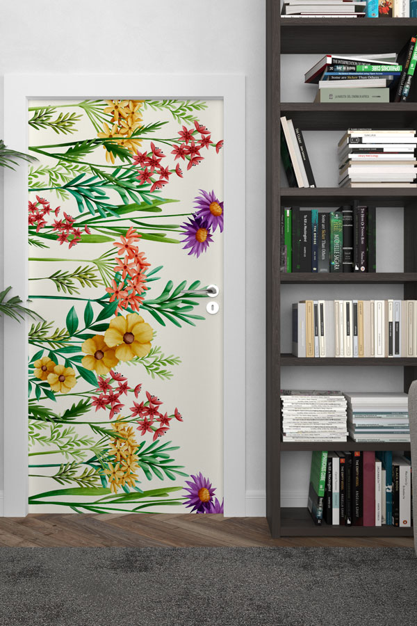 Canlı Çiçek ve Yaprak Desenli Botanik Kapı Giydirme Tasarımı 9372