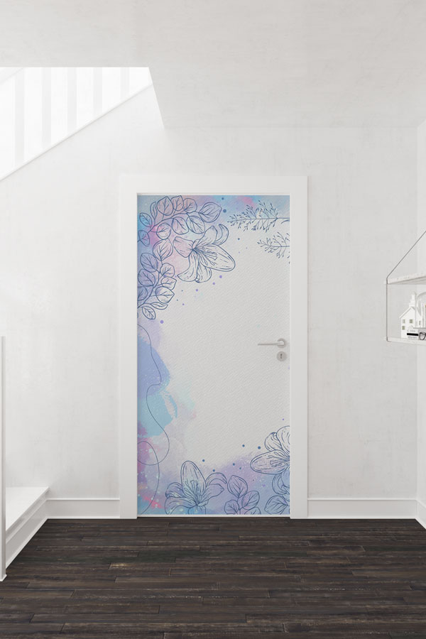 Mavi Tonlu Çiçek Çizimleri Desenli Zarif Kapı Giydirme Tasarımı 9376