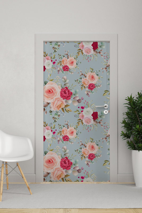 Romantik Gül Desenli Floral Kapı Giydirme Tasarımı 9377