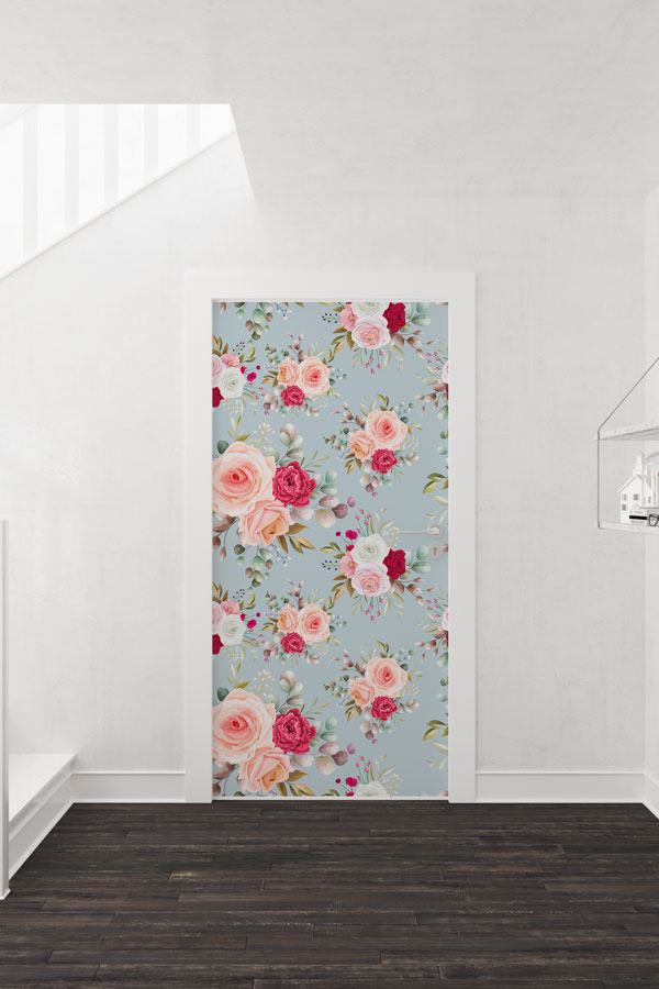 Romantik Gül Desenli Floral Kapı Giydirme Tasarımı 9377