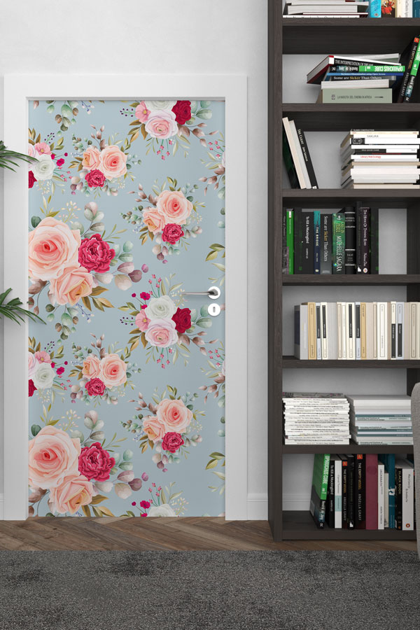 Romantik Gül Desenli Floral Kapı Giydirme Tasarımı 9377