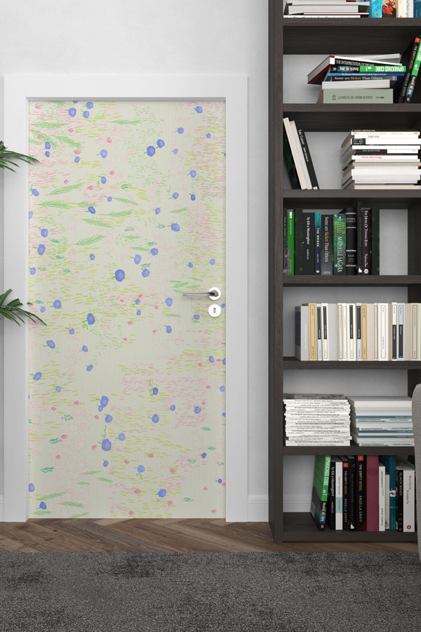 Pastel Noktalı Minimal Botanik Desenli Kapı Giydirme Tasarımı 9379