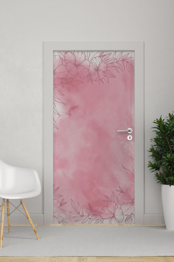 door-decoration-9381-0 Pembe Suluboya Çiçek Çerçeveli Zarif Kapı Giydirme Tasarımı 9381