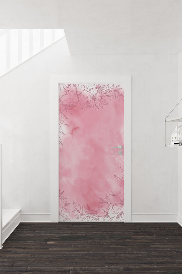 door-decoration-9381-01 Pembe Suluboya Çiçek Çerçeveli Zarif Kapı Giydirme Tasarımı 9381
